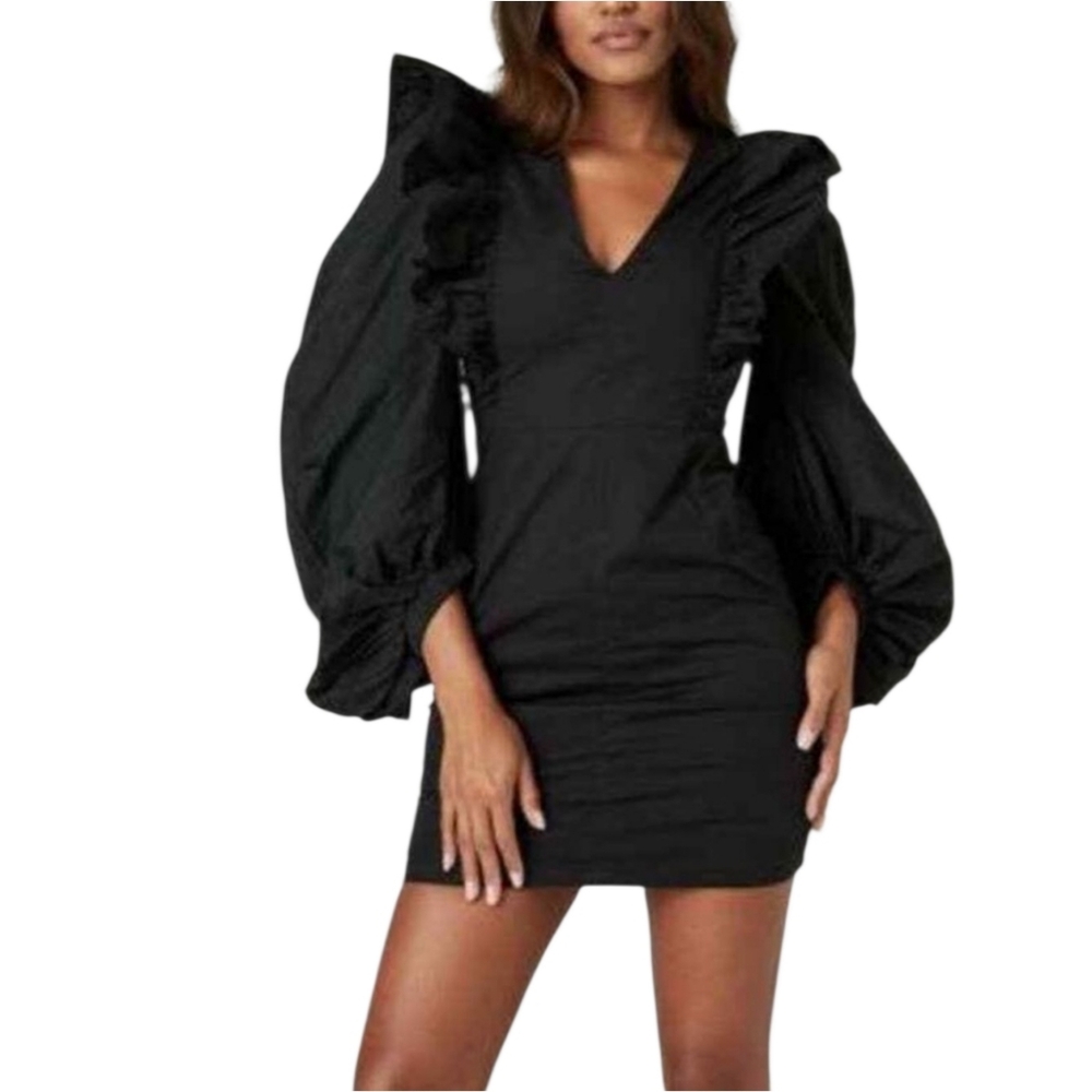 Missguided Elegant Black Ruffle Puff Sleeve Dress